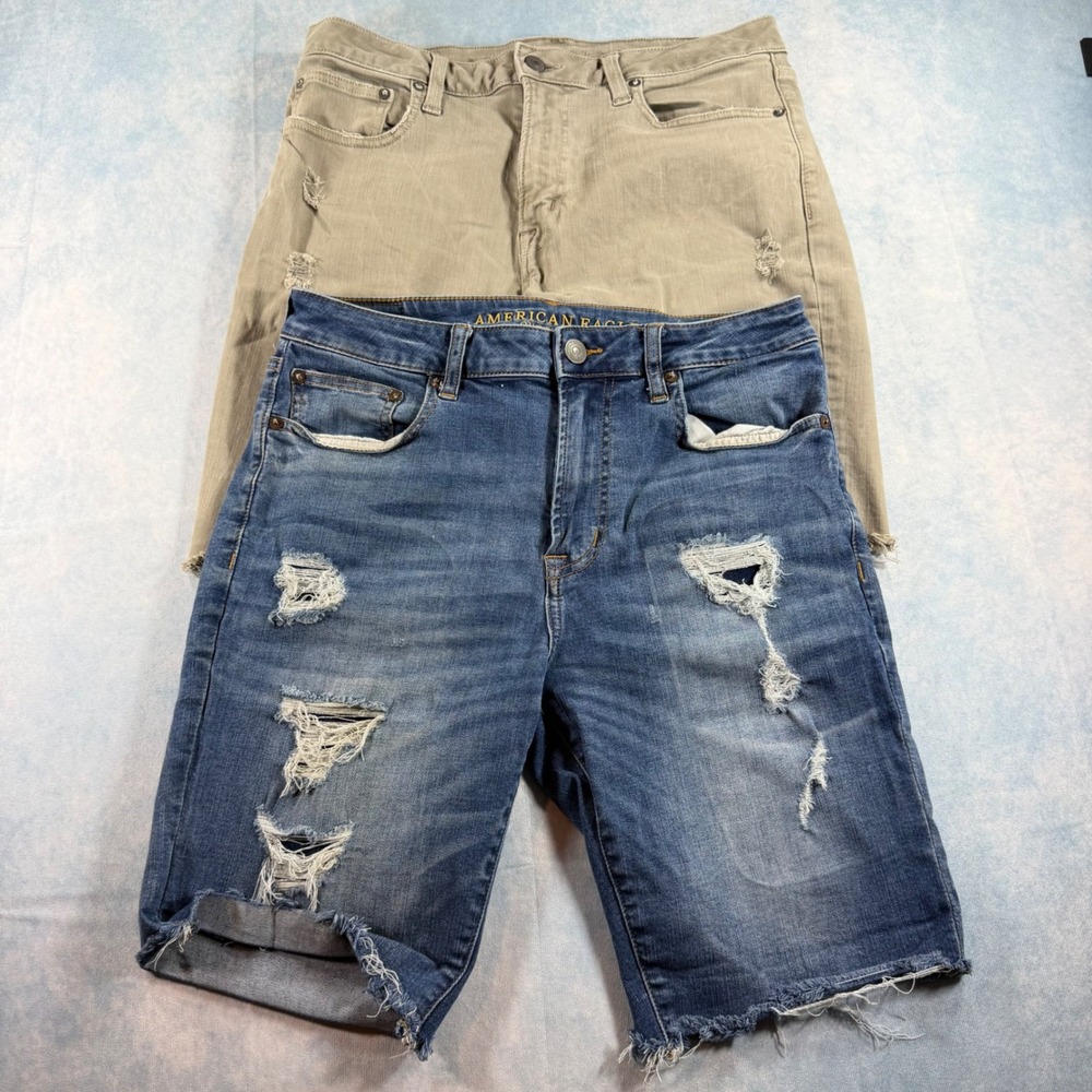 American Eagle Denim Shorts Mens 32 Tan Blue Good Distressed Raw Hem Lot of 2